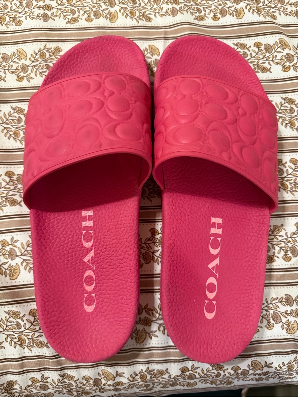 COACH Coral Pink Embossed Signature Slide Sandals
